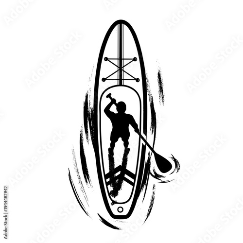 Silhouette of a person paddleboarding on water with dynamic brush strokes
