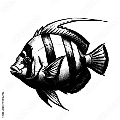 Striking black and white illustration of a striped angelfish swimming gracefully