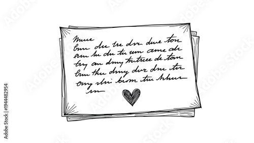 Sketch of a stack of handwritten letters on aged paper with cursive script and a small hand drawn heart at the bottom for romantic themes.