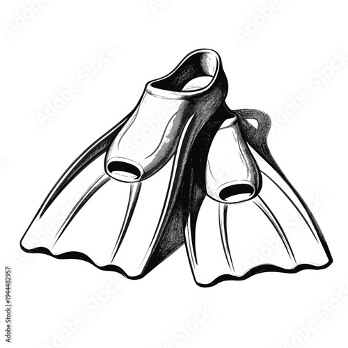 Black and white illustration of two scuba diving fins on a white background