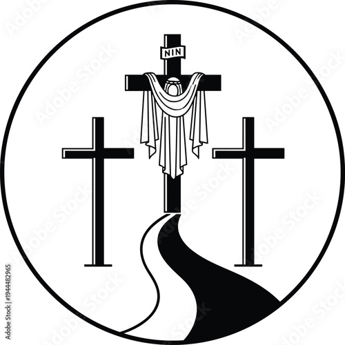 Three crosses on hill with road leading to central crucifix with cloth draped over it