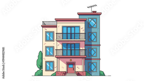 Colorful illustration of a three story modern apartment building featuring balconies, large windows, and a roof terrace with an antenna.