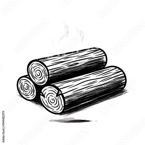 Stack of three freshly cut logs with visible wood grain and rising steam