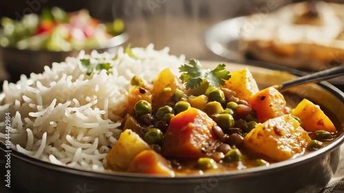 Close up of a flavorful dish with rice vegetables and a creamy sauce