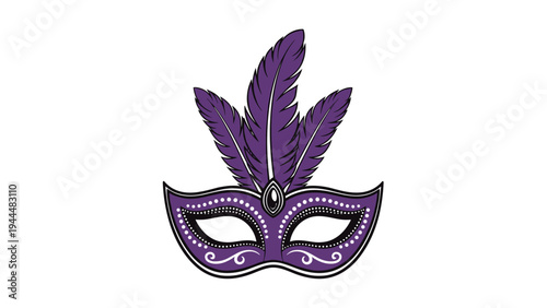 Elegant purple carnival mask decorated with white dots and curls and topped with three large purple feathers for a masquerade party.