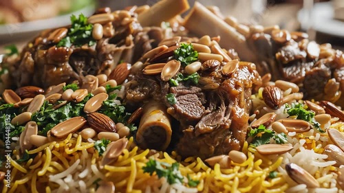Close up of a generously served meal on a decorative tray
