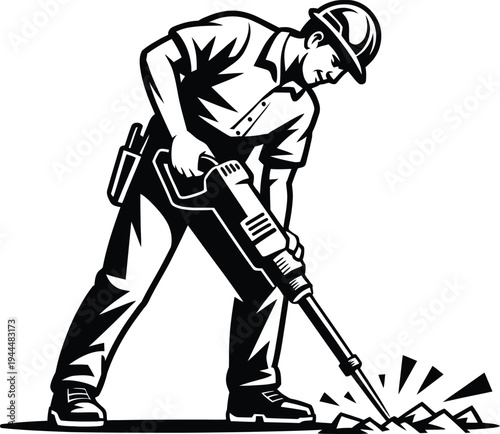 Construction worker using jackhammer, professional builder in hard hat breaking concrete with tool