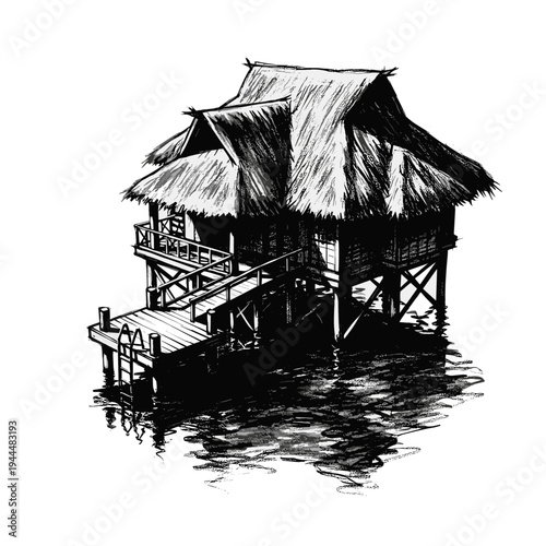 Sketch of a stilt house with a thatched roof and wooden walkway over water
