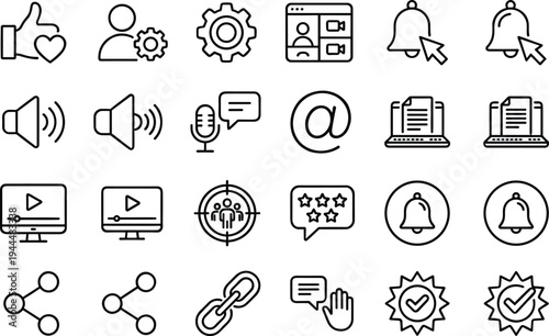 Digital communication media line icons set, notification message sharing video audio marketing feedback connection social network technology interface