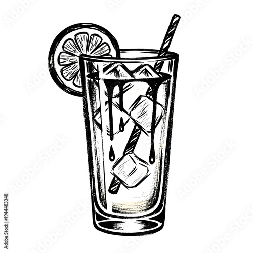 Hand drawn sketch of a refreshing iced drink with lemon slice and straw