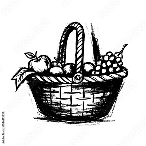 Hand-drawn sketch of a woven basket overflowing with fresh fruits like apples and grapes