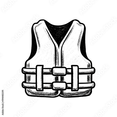 Hand-drawn illustration of a life vest with straps and buckles on a white background