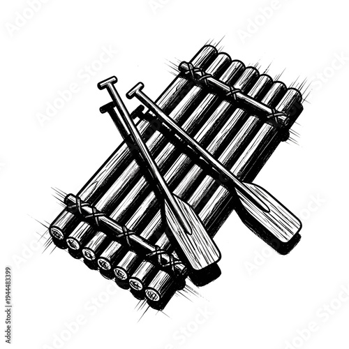 Hand-drawn illustration of a bamboo raft with two oars, isolated on white background