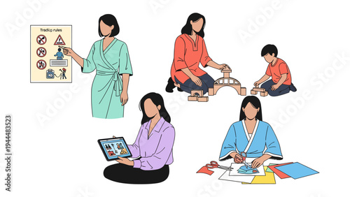 Empowering Woman Collection: A diverse compilation showcasing woman in various professional and personal pursuits, from education and technology to creative play and child care.