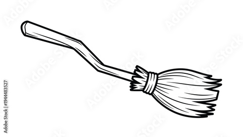 Hand-drawn illustration of a traditional broomstick with a crooked wooden handle and a bundled straw head, isolated on a white background.