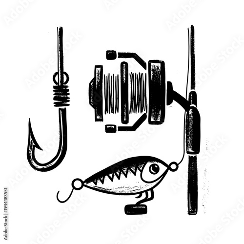 Fishing gear illustration: hook, lure, and reel on a rod, black and white sketch