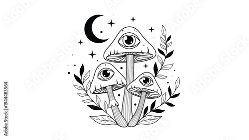 Mystical line art illustration of three mushrooms with large eyes on their caps, surrounded by leaves, stars, and a crescent moon.