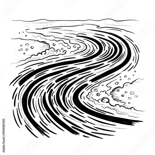 Abstract black and white ink drawing of swirling water currents and turbulent waves