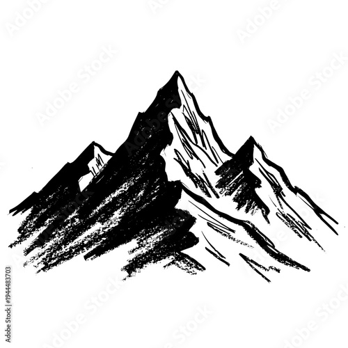Dramatic black and white sketch of rugged mountain peaks with textured brushstrokes