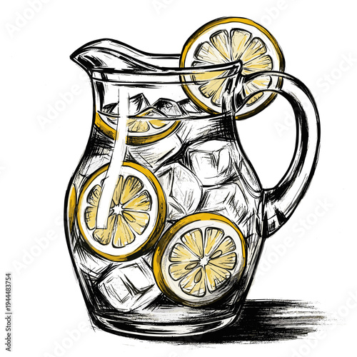 Refreshing pitcher of lemonade with ice and lemon slices, hand-drawn sketch style