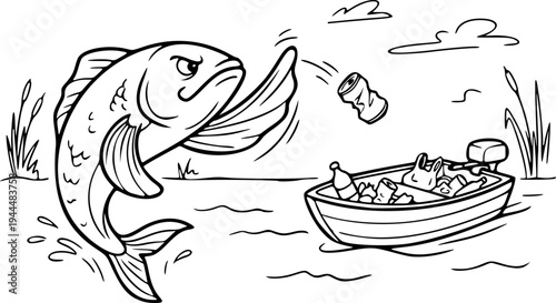 Environmental Pollution Awareness Icon – Fish Retaliating Against Trash