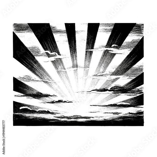 Dramatic sunburst with rays of light breaking through dark clouds in a black and white illustration