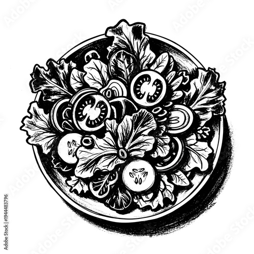 Hand-drawn illustration of a fresh salad with tomatoes and cucumbers in a bowl