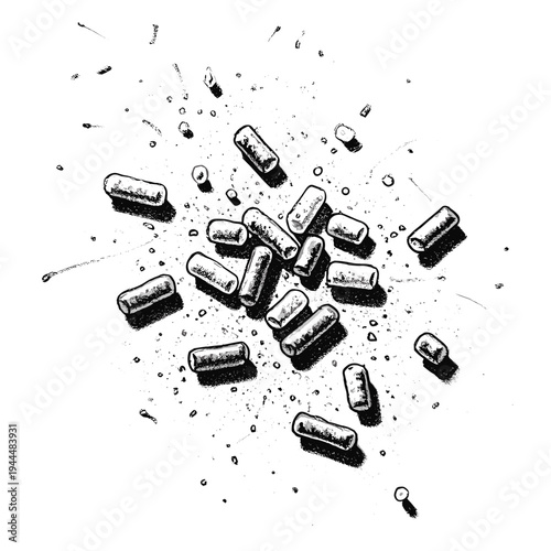 Scattered cylindrical pills and fragments on a white background, hand-drawn illustration