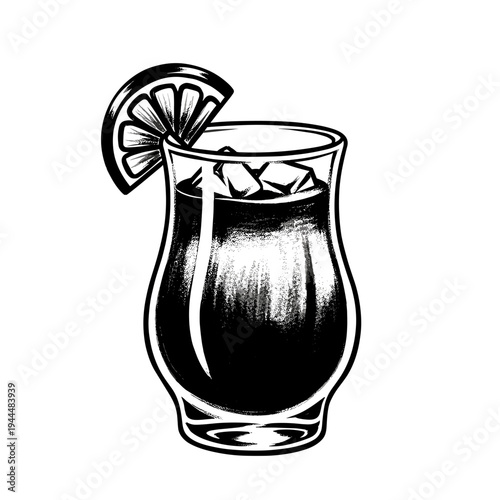 Stylized black and white illustration of a refreshing cocktail with ice and a citrus garnish