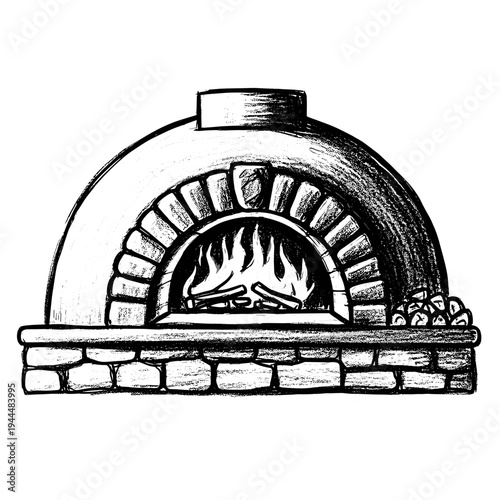 Hand-drawn sketch of a traditional wood-fired pizza oven with flames inside and stacked logs