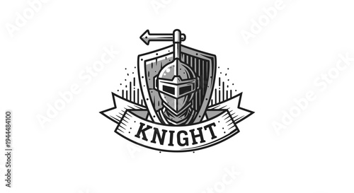 Vintage Medieval Knight Helmet and Shield Emblem Illustration, Grayscale Warrior Symbol