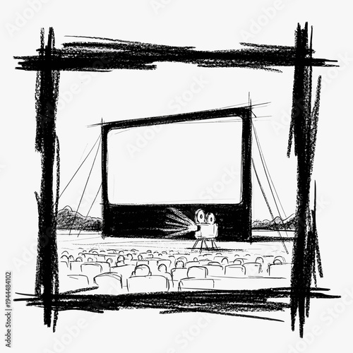 Sketch of an outdoor cinema screen with a vintage film projector and audience watching