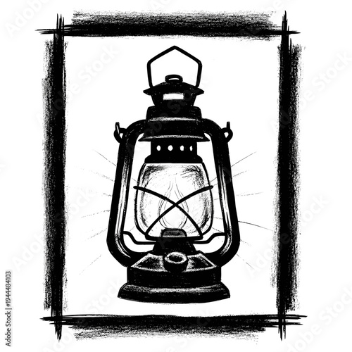 Vintage kerosene lantern with a rustic brush stroke border, black and white illustration