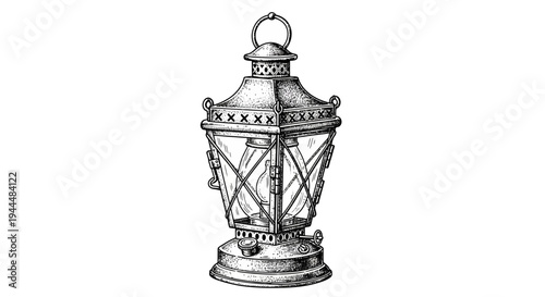Detailed hand drawn antique lantern illustration. Ornate vintage style rustic oil lamp sketch for historical concepts & decorative design.