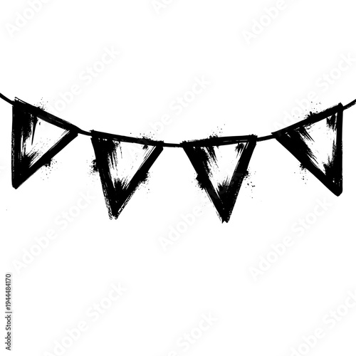 Hand-drawn black triangular bunting flags strung on a line with a distressed texture