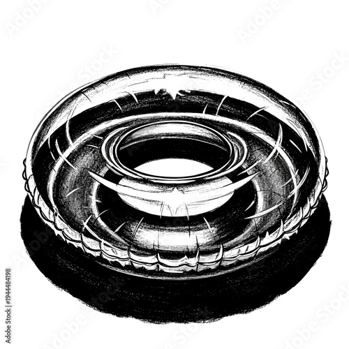 Black and white sketch of an inflatable swimming ring on a white background