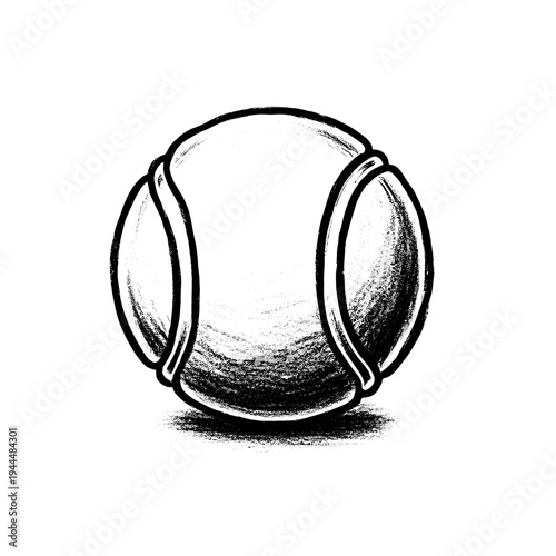 Hand-drawn sketch of a tennis ball with textured shading and bold outlines on a white background