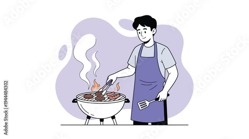 Smiling Young Man in Apron Grilling Burgers and Sausages on a Barbecue. Delicious Outdoor Summer BBQ Cooking Activity
