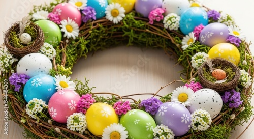 Easter wreath with colorful eggs and flowers