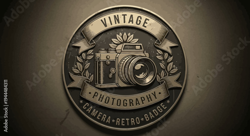 Retro Vintage Photography Camera Badge Emblem Design Illustration with Sepia Tones and Classic Style