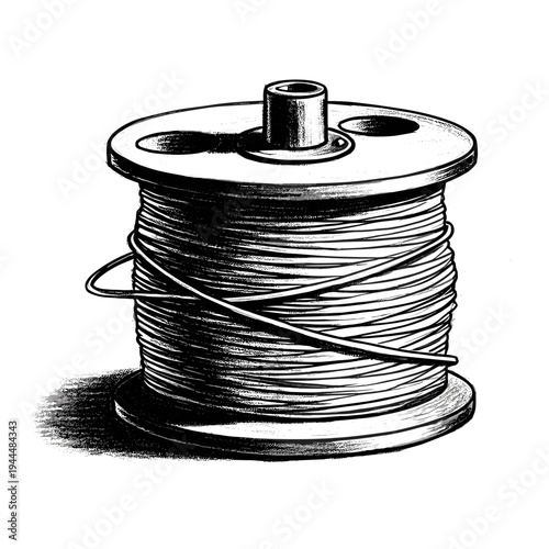 Hand-drawn illustration of a spool of wire with a distinct shadow on a white background