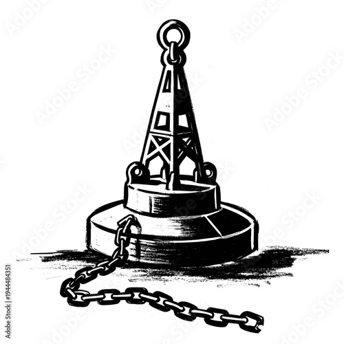Black and white illustration of a nautical buoy with a chain attached to its base