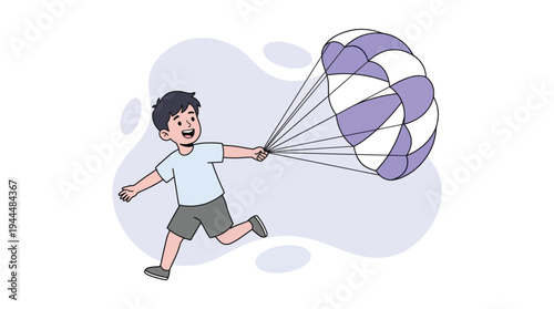 Happy Child Cartoon Character Running with a Toy Parachute Against a Bright Background, Full of Energy and Playfulness