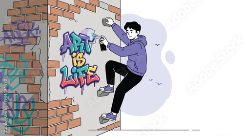 Young man creating colorful graffiti 'ART is LIFE' on an urban brick wall, expressing creativity and urban street culture.
