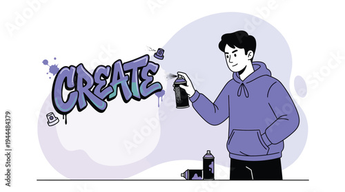Youthful Artist Spray Painting 'CREATE' Graffiti, Symbolizing Creativity, Urban Expression, and Artistic Freedom