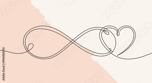 Elegant continuous line drawing of an infinity symbol intertwining with a heart on a soft pastel background, symbolizing eternal love and connection.