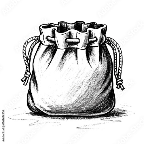 Hand-drawn sketch of a drawstring pouch with braided cords and a textured surface