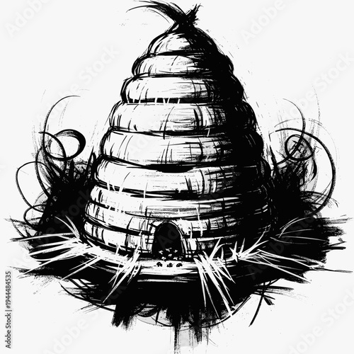 Abstract ink drawing of a traditional beehive with swirling brushstrokes and grass elements