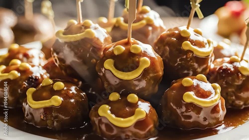 Close up of cooked meatballs with smiley face decorations in sauce