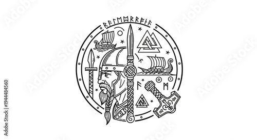 Detailed Nordic Viking Culture Line Art Illustration featuring Warrior, Longships, Weapons, Runes, and Mythological Symbols